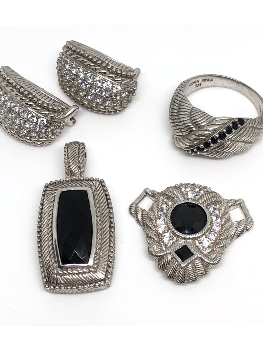 Judith Ripka CZ Onyx Sapphire Sterling Silver LOT OF 4 Ring Earrings Pendant